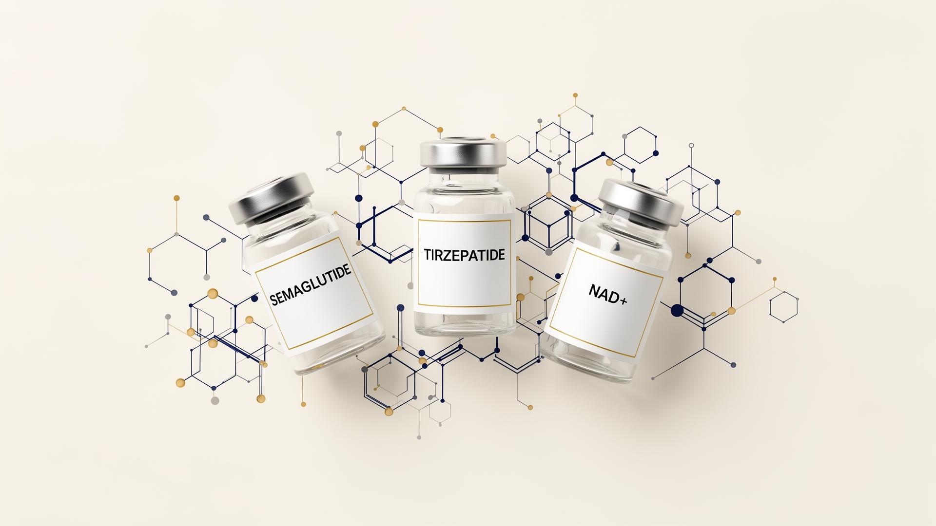 Senova Longevity compounded vials with molecular line diagrams